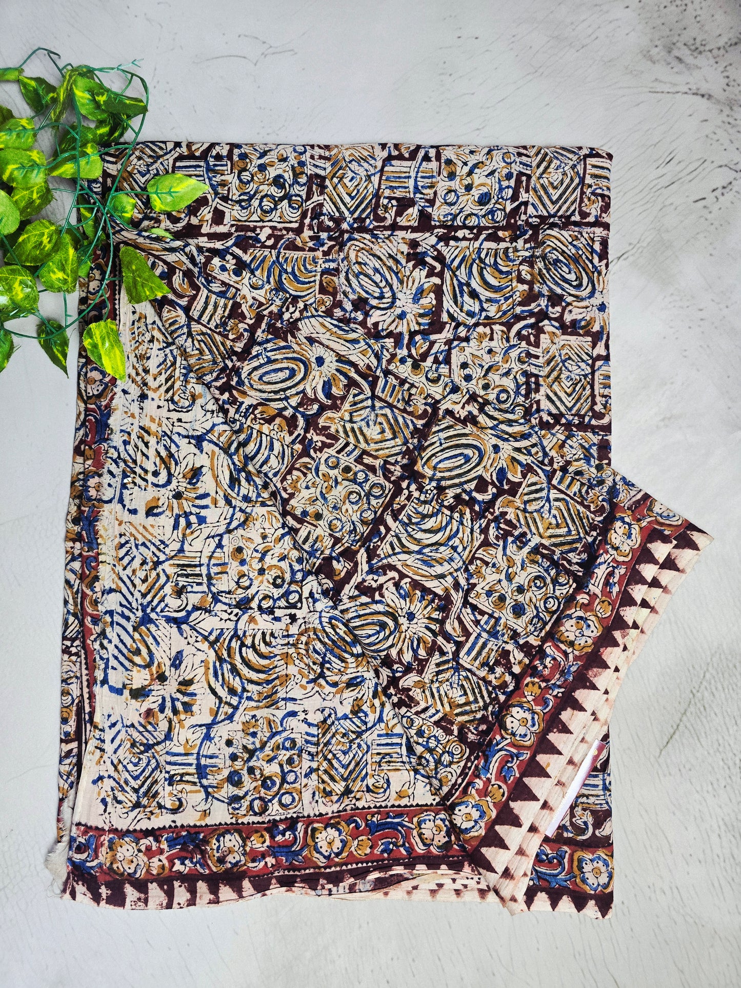 Ivory, Blue & Maroon Floral Geometric Cotton Kalamkari Saree