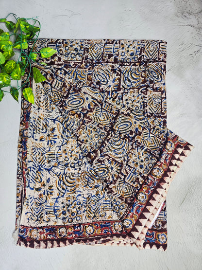 Ivory, Blue & Maroon Floral Geometric Cotton Kalamkari Saree