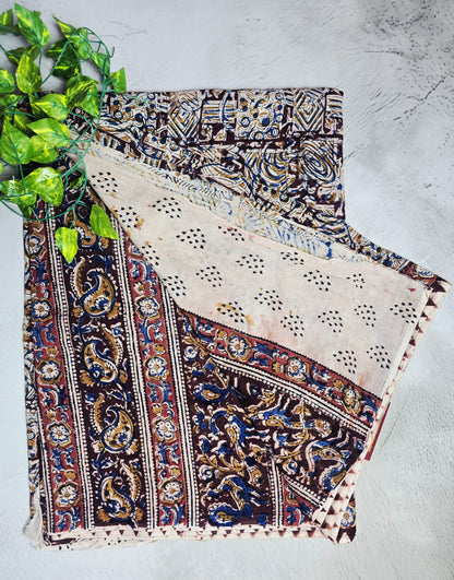 Ivory, Blue & Maroon Floral Geometric Cotton Kalamkari Saree