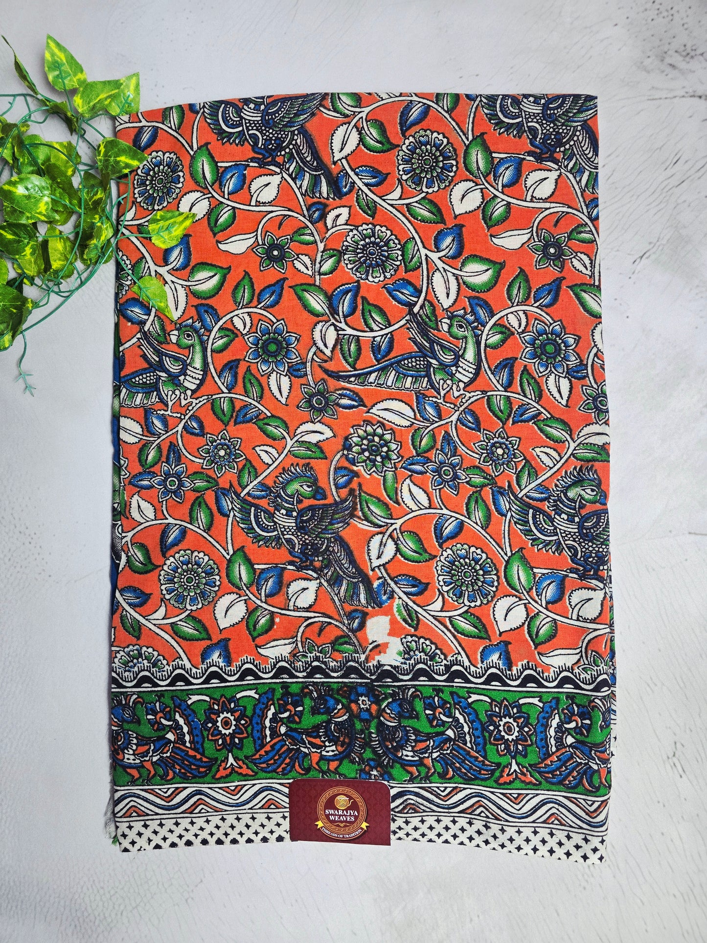 Coral Orange, Blue & Green Peacock Floral Cotton Kalamkari Saree