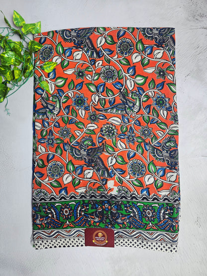 Coral Orange, Blue & Green Peacock Floral Cotton Kalamkari Saree