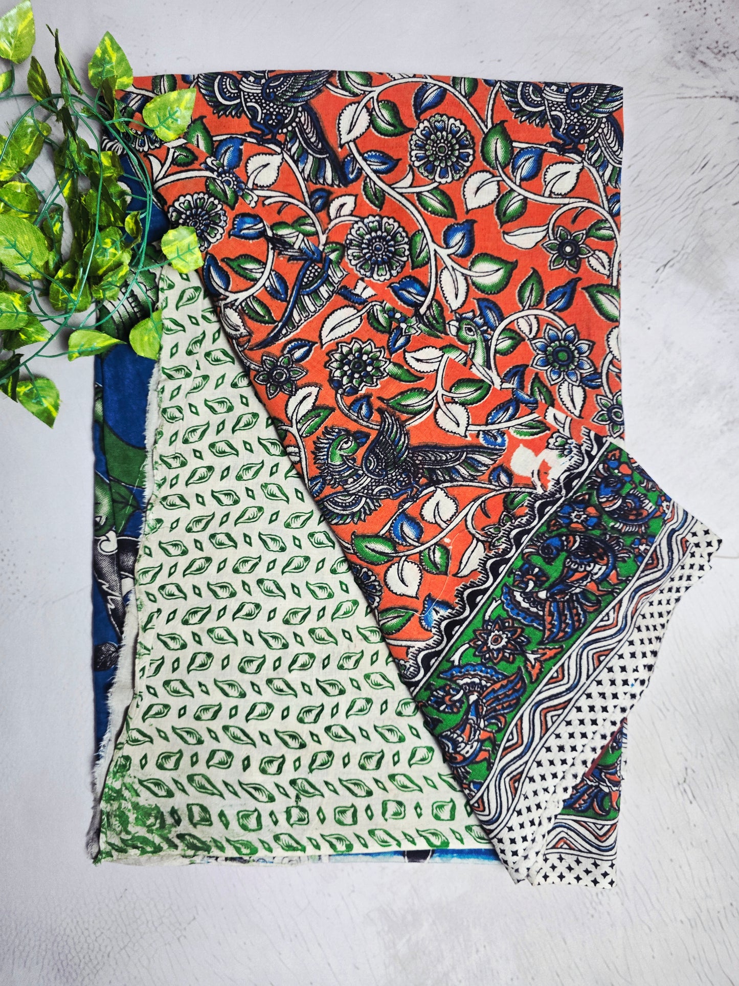 Coral Orange, Blue & Green Peacock Floral Cotton Kalamkari Saree