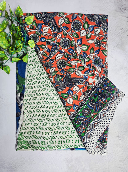Coral Orange, Blue & Green Peacock Floral Cotton Kalamkari Saree