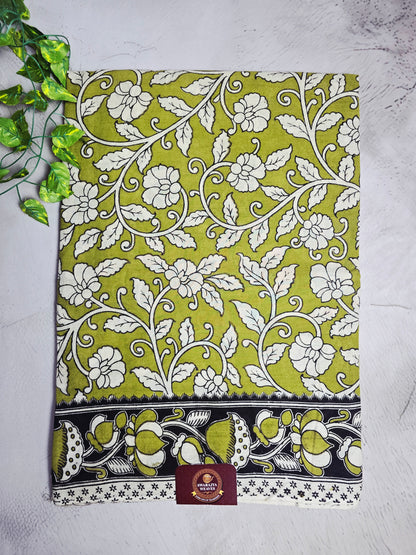 Olive Green & White Floral Cotton Kalamkari Saree