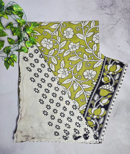 Olive Green & White Floral Cotton Kalamkari Saree