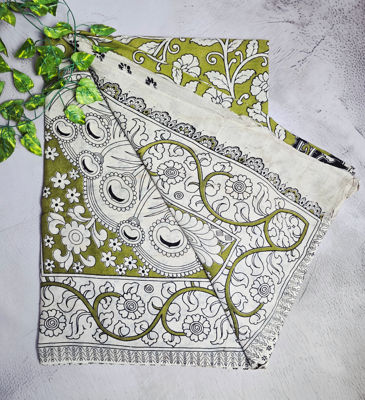 Olive Green & White Floral Cotton Kalamkari Saree