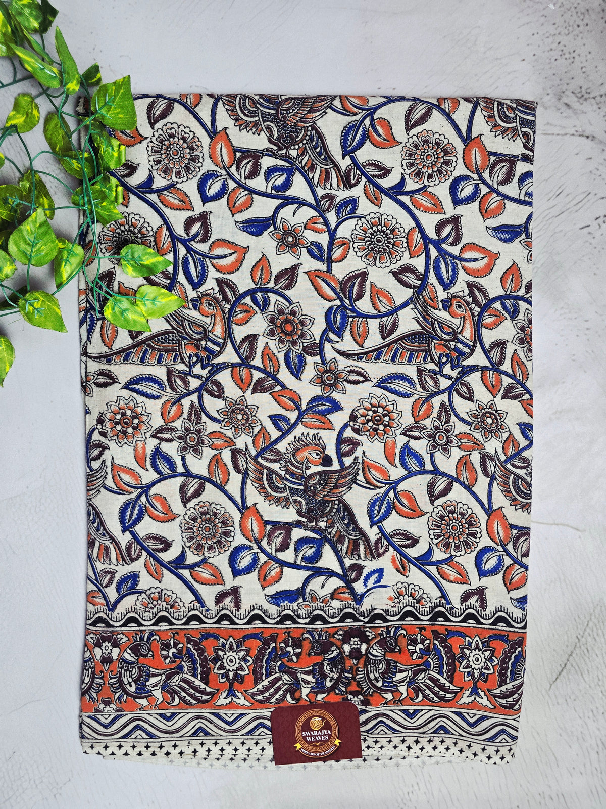 Ivory, Blue & Coral Orange Peacock Floral Cotton Kalamkari Saree