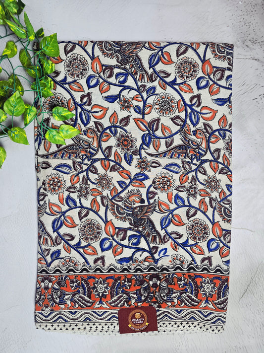 Ivory, Blue & Coral Orange Peacock Floral Cotton Kalamkari Saree