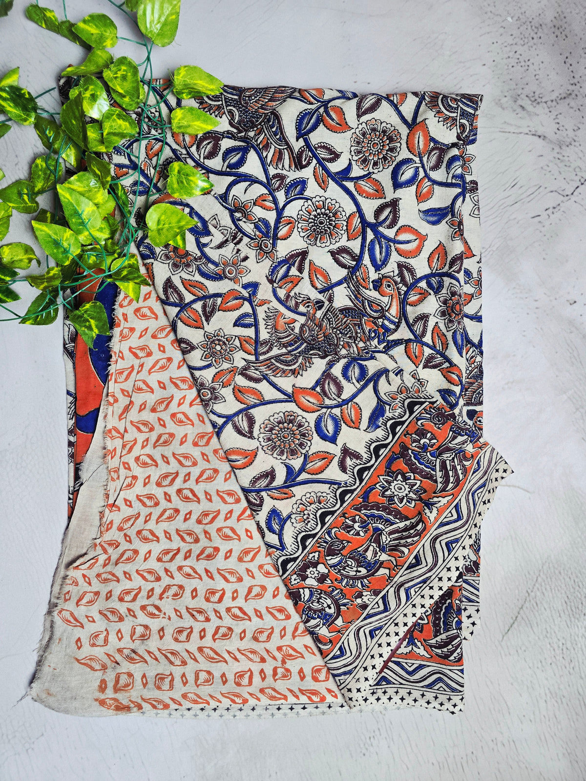 Ivory, Blue & Coral Orange Peacock Floral Cotton Kalamkari Saree