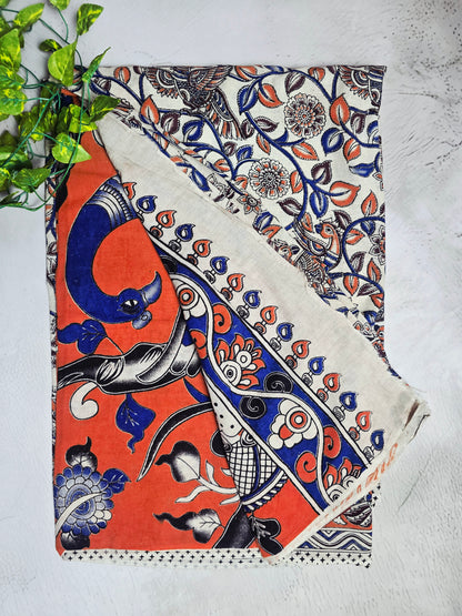 Ivory, Blue & Coral Orange Peacock Floral Cotton Kalamkari Saree