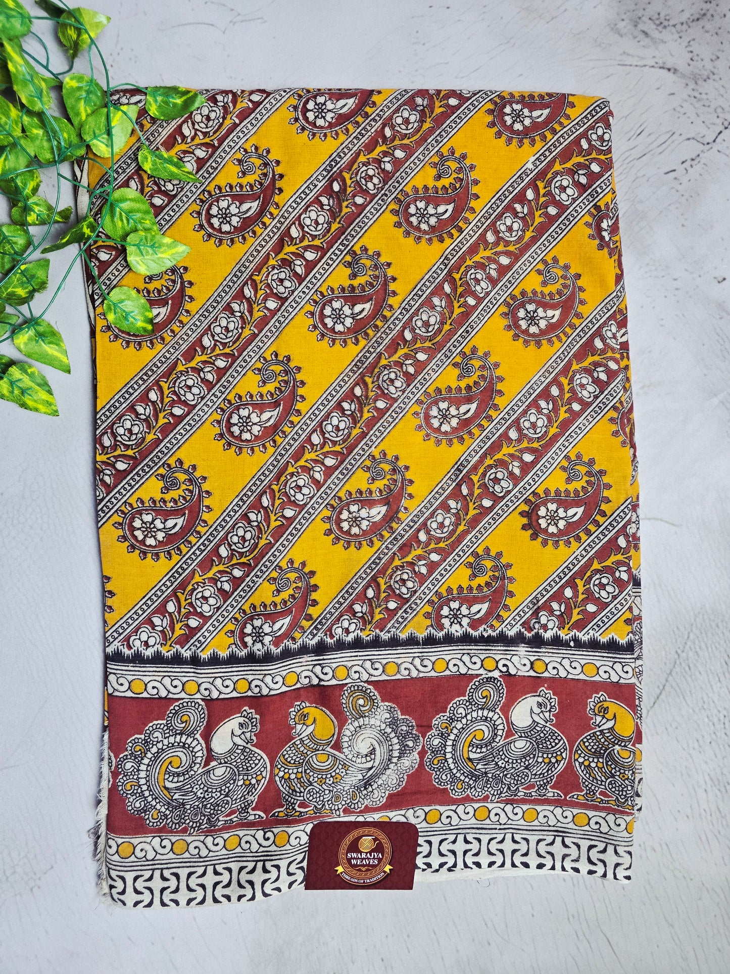 Mustard Yellow & Maroon Paisley Kalamkari Cotton Saree
