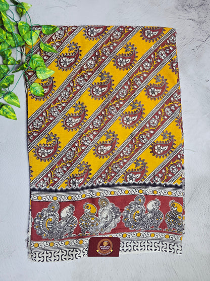 Mustard Yellow & Maroon Paisley Kalamkari Cotton Saree