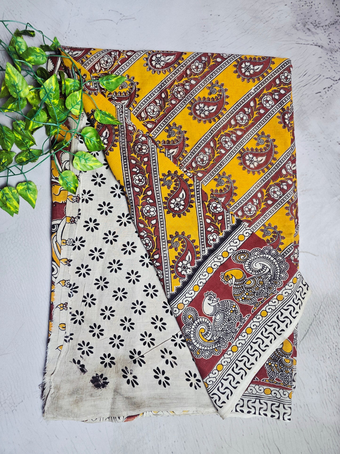 Mustard Yellow & Maroon Paisley Kalamkari Cotton Saree