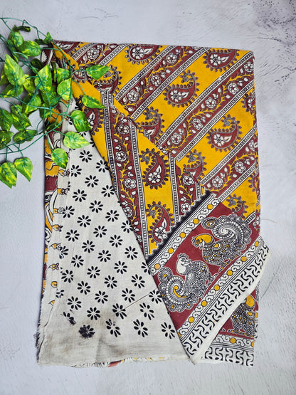 Mustard Yellow & Maroon Paisley Kalamkari Cotton Saree