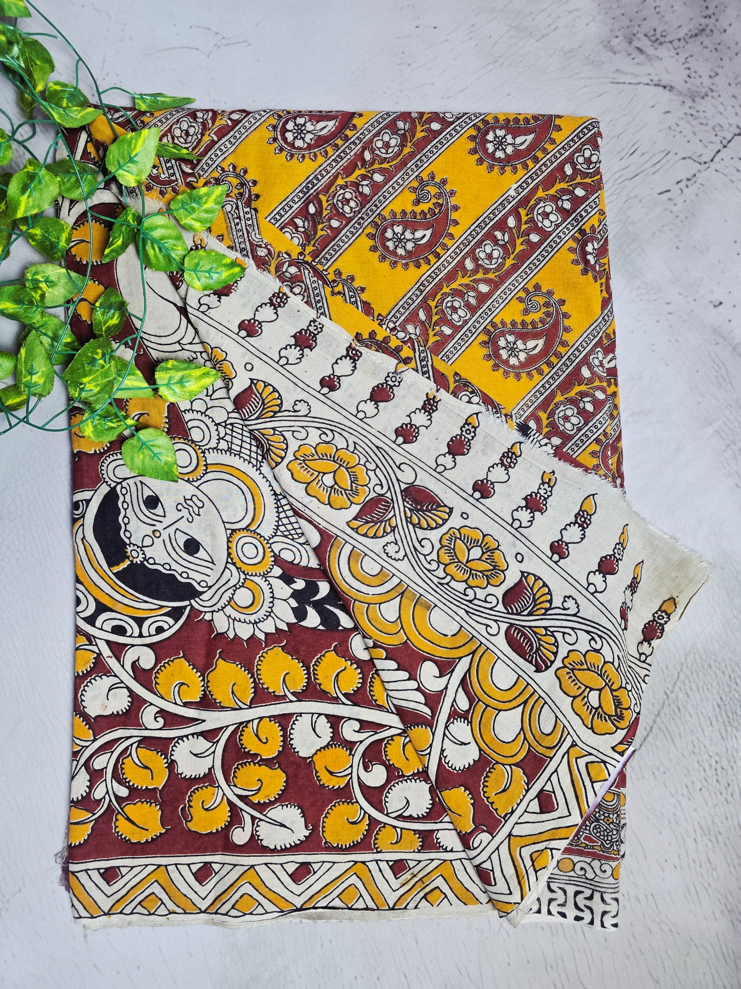 Mustard Yellow & Maroon Paisley Kalamkari Cotton Saree