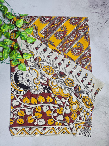 Mustard Yellow & Maroon Paisley Kalamkari Cotton Saree