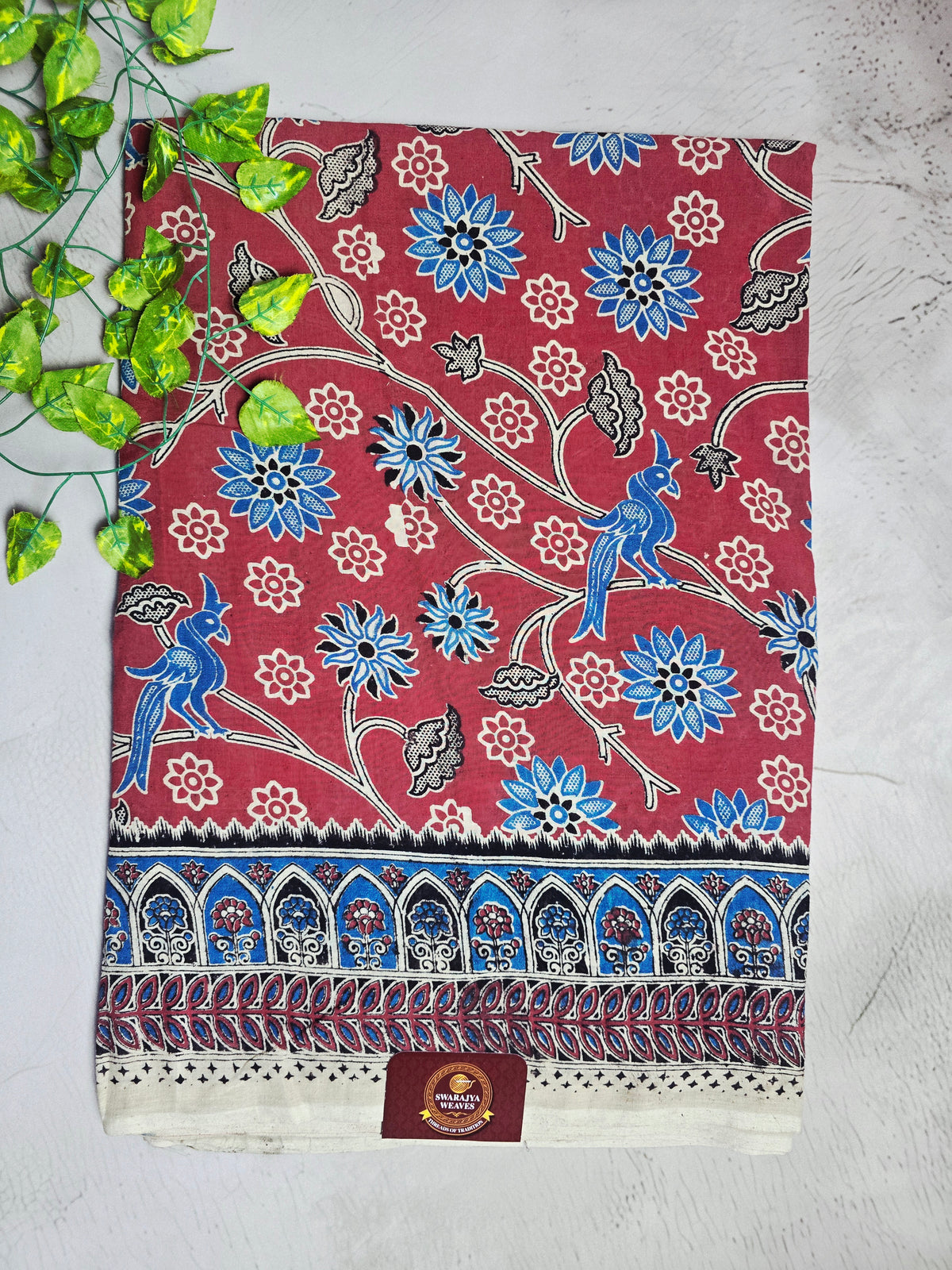 Maroon & Blue Floral Peacock Kalamkari Cotton Saree