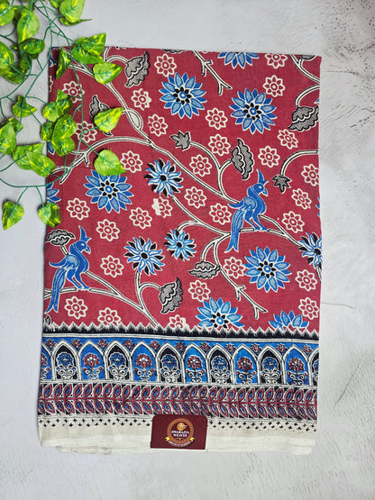 Maroon & Blue Floral Peacock Kalamkari Cotton Saree
