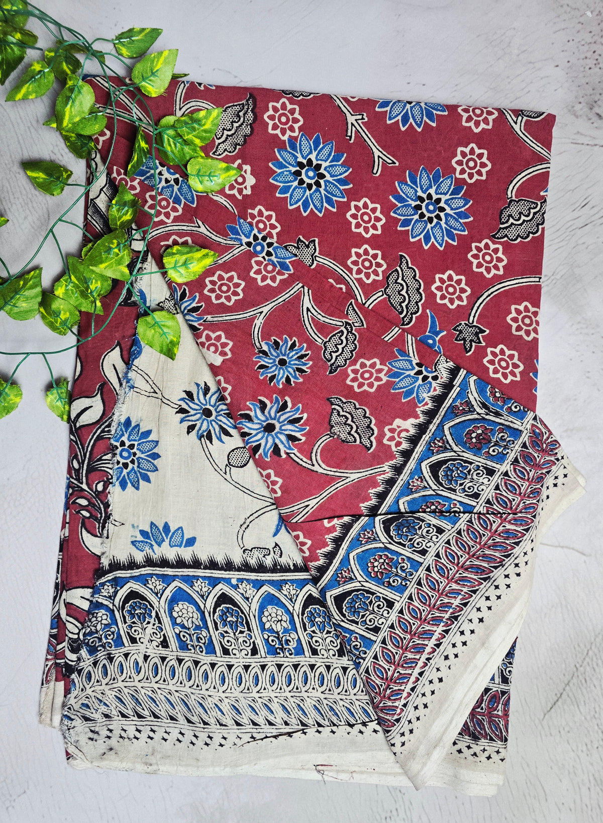 Maroon & Blue Floral Peacock Kalamkari Cotton Saree
