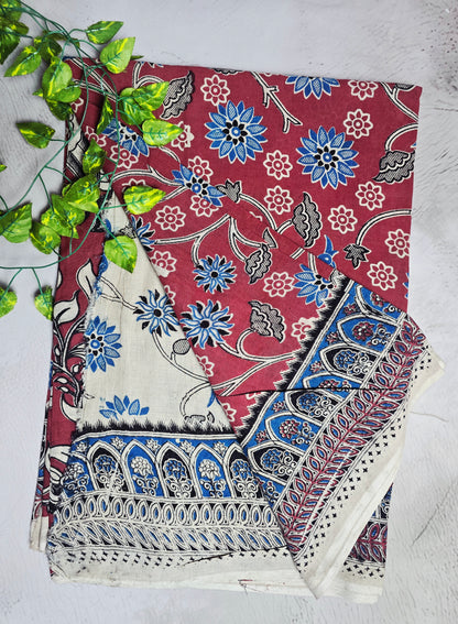 Maroon & Blue Floral Peacock Kalamkari Cotton Saree