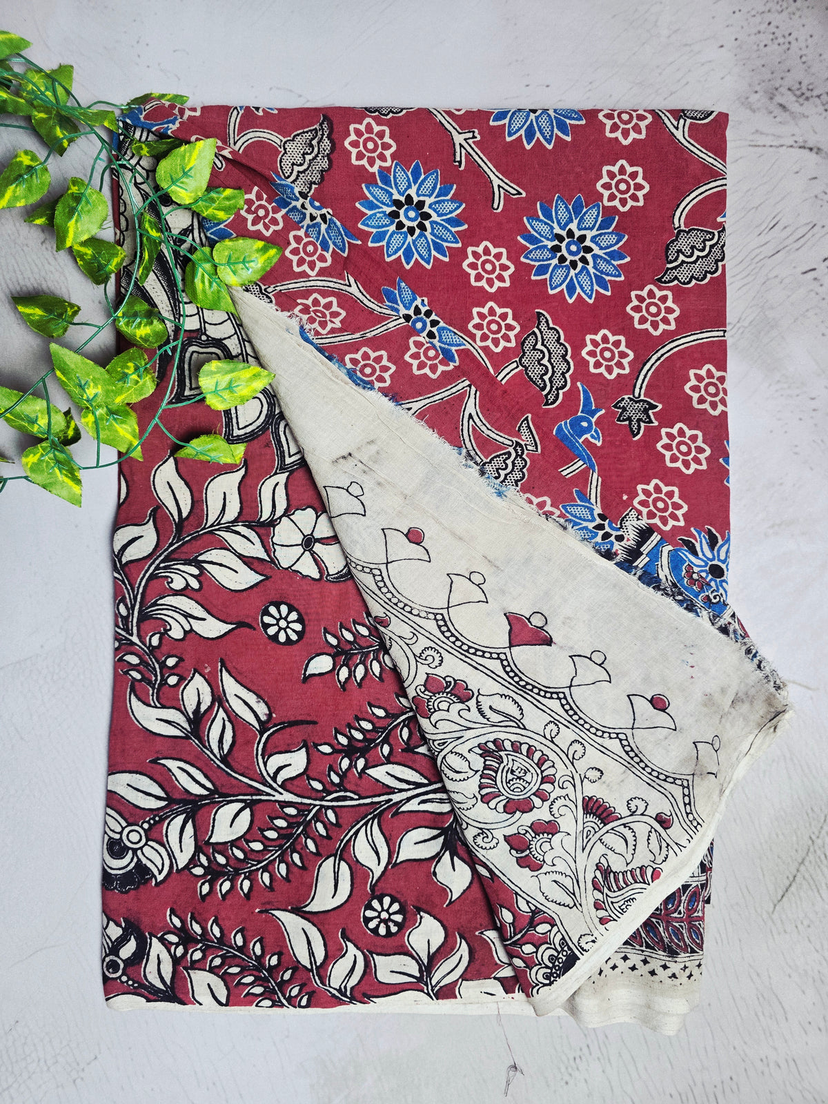 Maroon & Blue Floral Peacock Kalamkari Cotton Saree