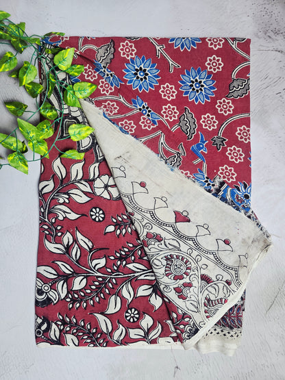 Maroon & Blue Floral Peacock Kalamkari Cotton Saree