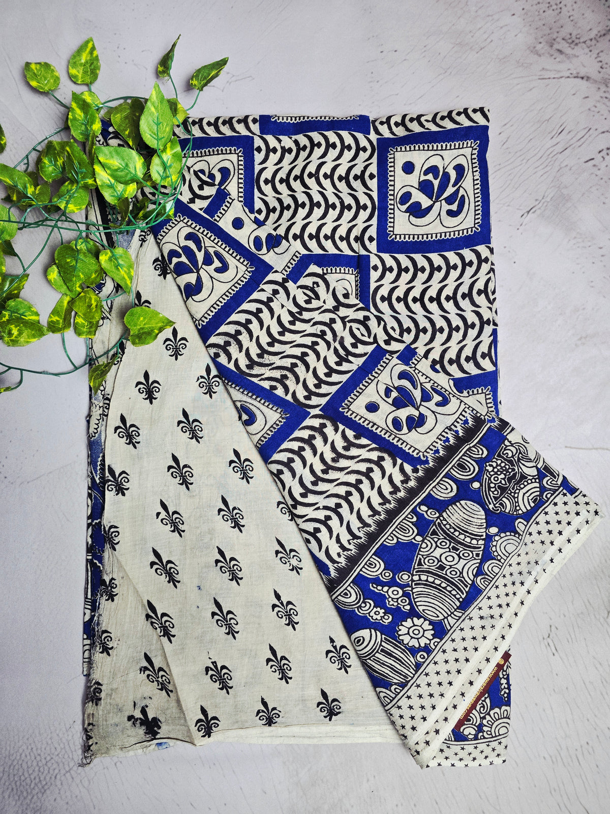 Royal Blue & White Geometric Kalamkari Cotton Saree