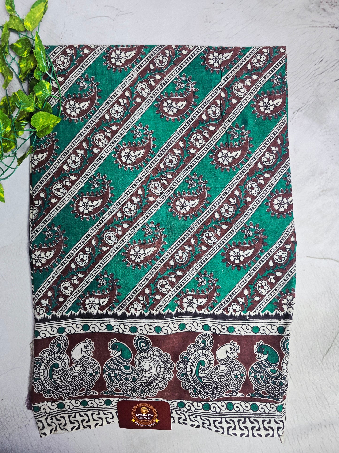 Teal Green & Maroon Paisley Kalamkari-Print Linen Cotton Saree