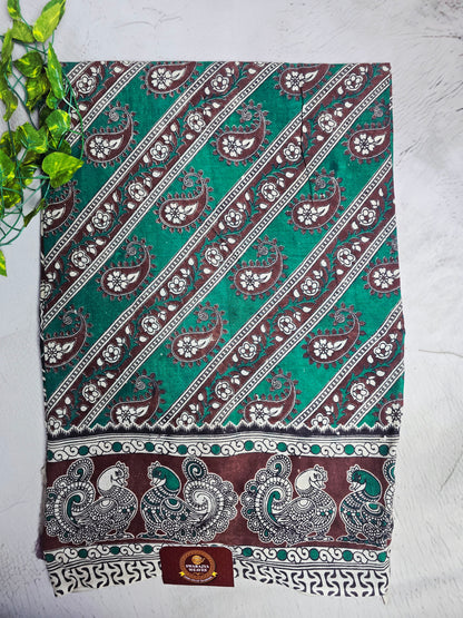 Teal Green & Maroon Paisley Kalamkari-Print Linen Cotton Saree