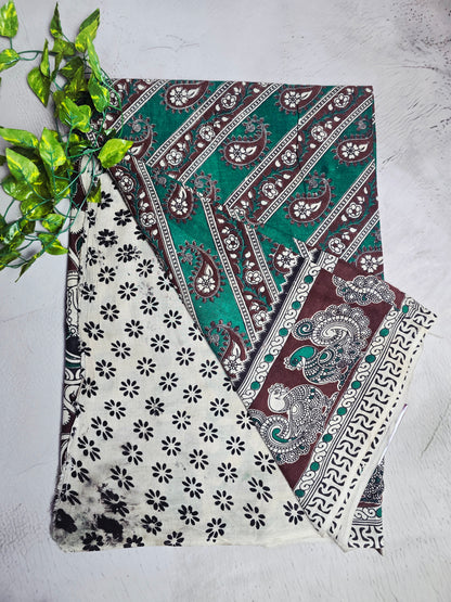 Teal Green & Maroon Paisley Kalamkari-Print Linen Cotton Saree