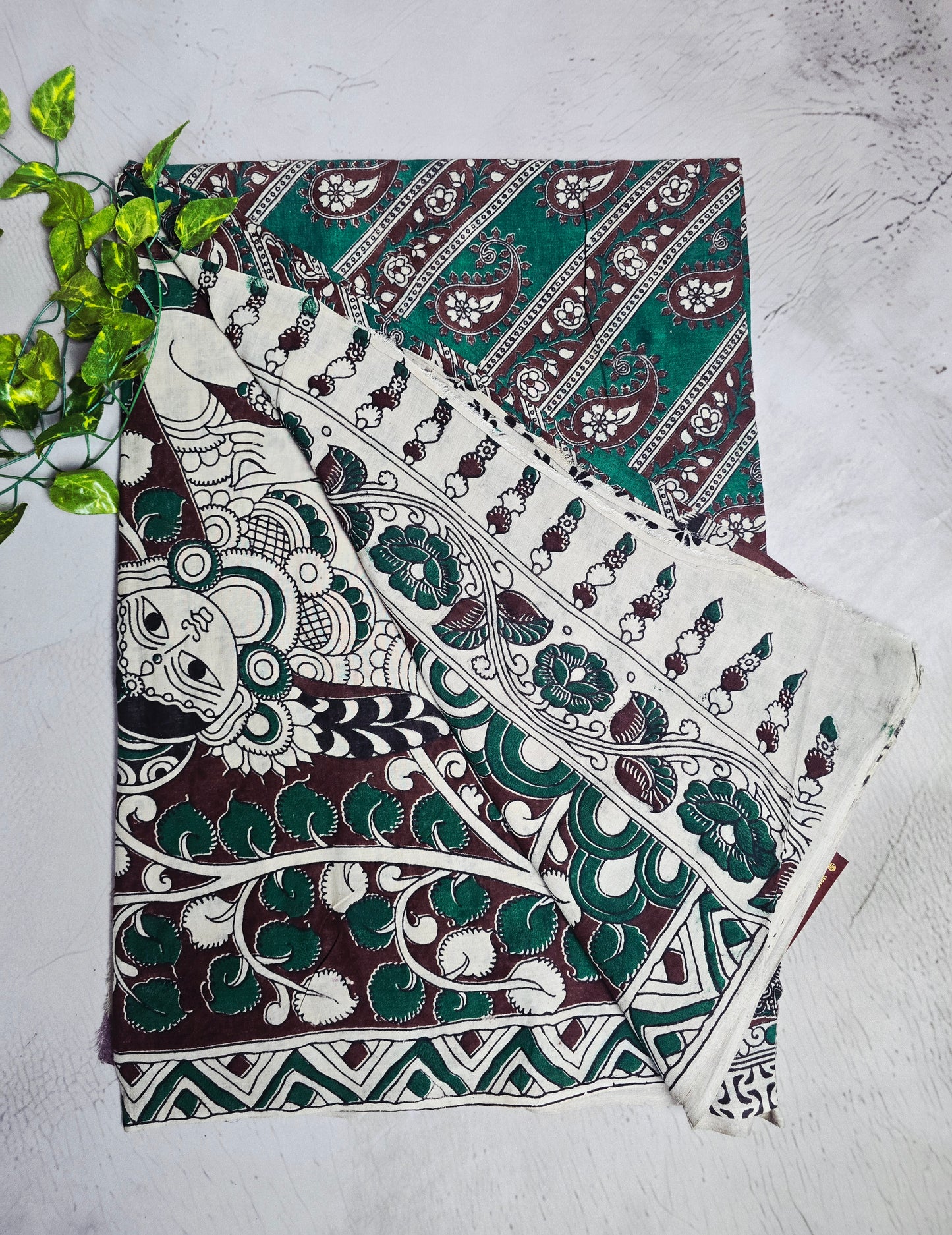 Teal Green & Maroon Paisley Kalamkari-Print Linen Cotton Saree