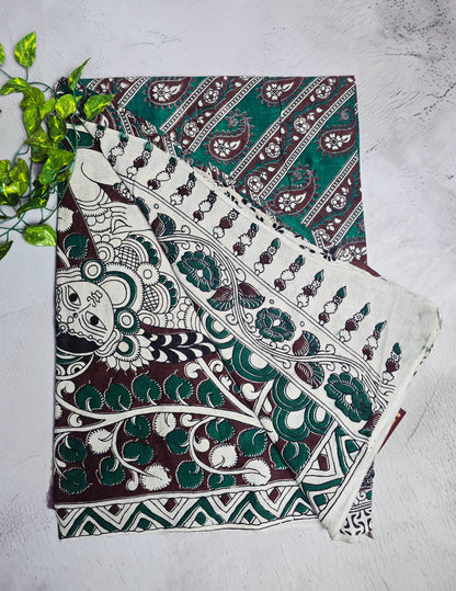 Teal Green & Maroon Paisley Kalamkari-Print Linen Cotton Saree