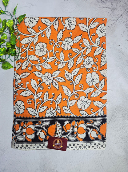 Orange & White Floral Kalamkari-Print Cotton Saree