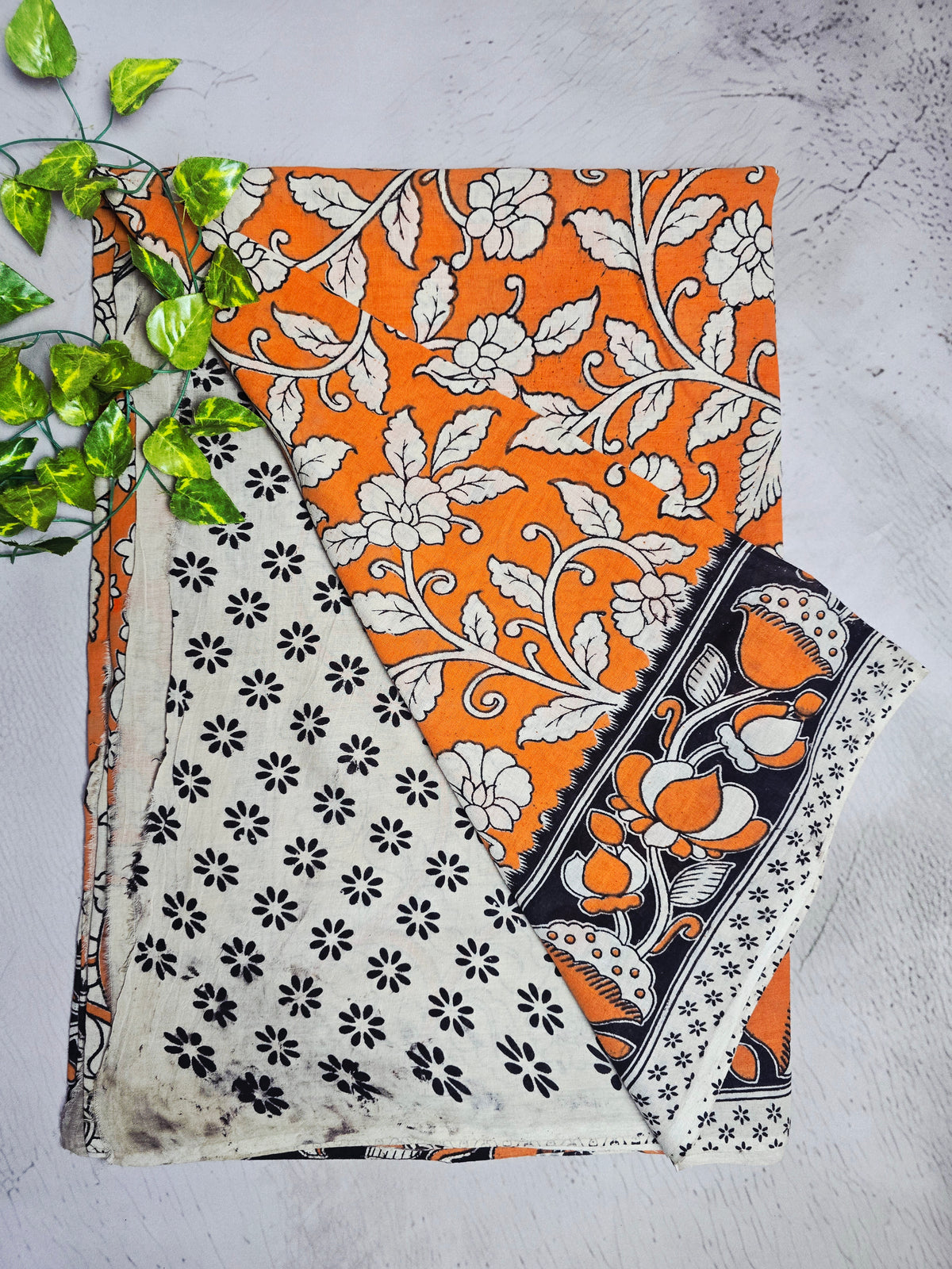 Orange & White Floral Kalamkari-Print Cotton Saree