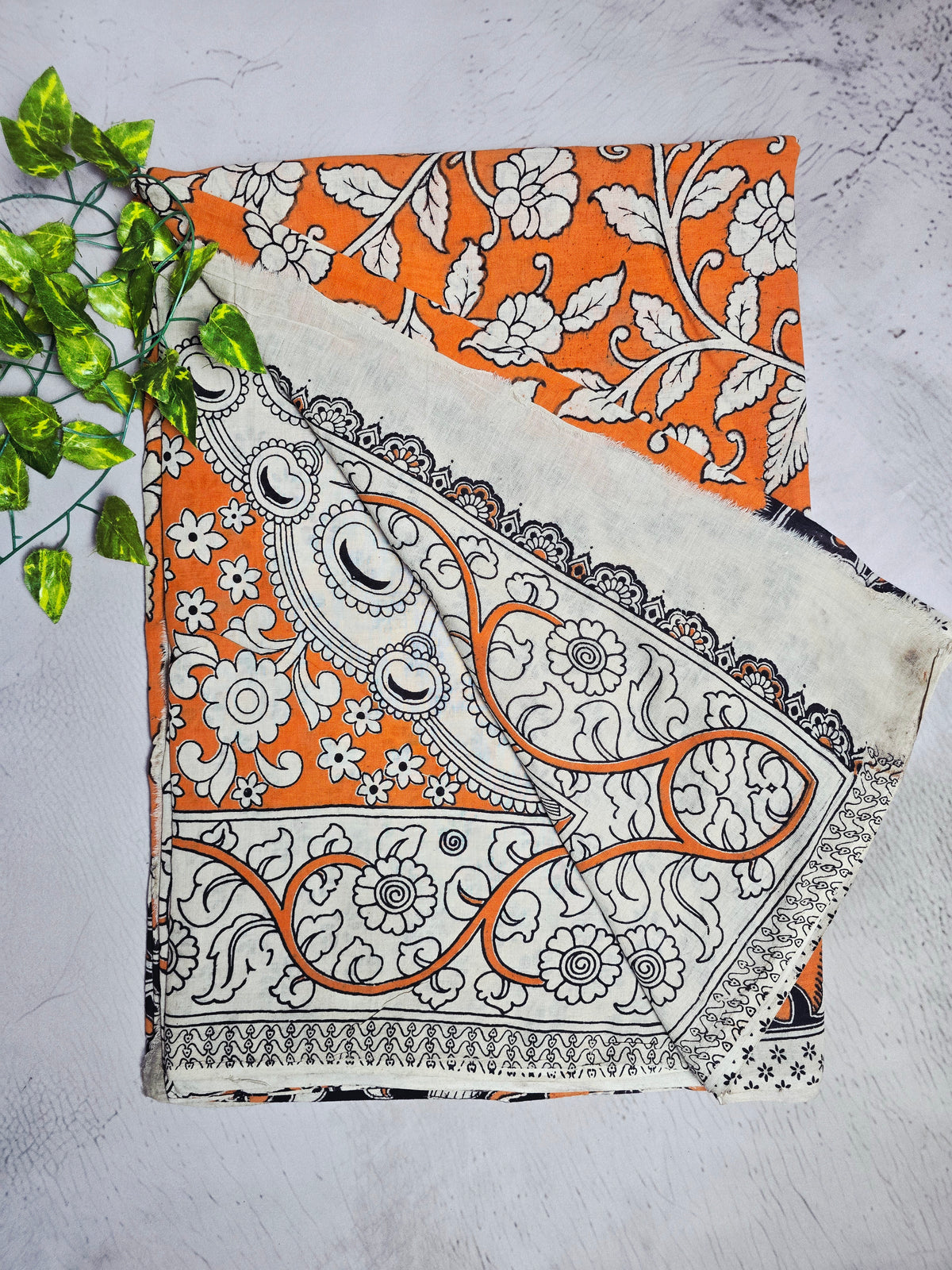 Orange & White Floral Kalamkari-Print Cotton Saree