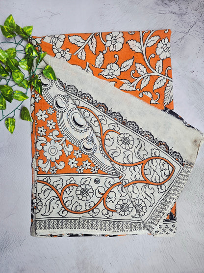 Orange & White Floral Kalamkari-Print Cotton Saree