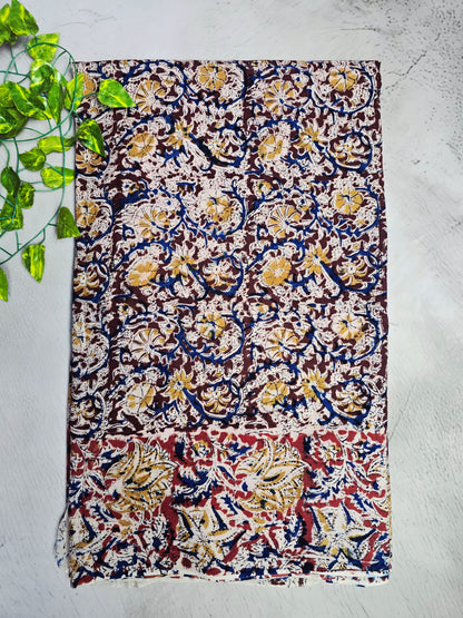 Maroon & Mustard Floral Kalamkari-Print Linen Cotton Saree
