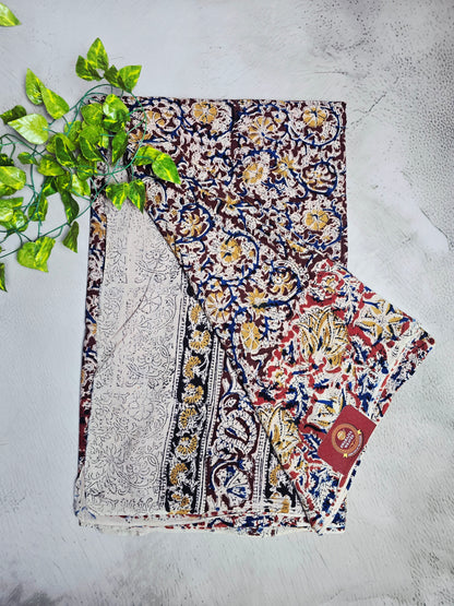 Maroon & Mustard Floral Kalamkari-Print Linen Cotton Saree