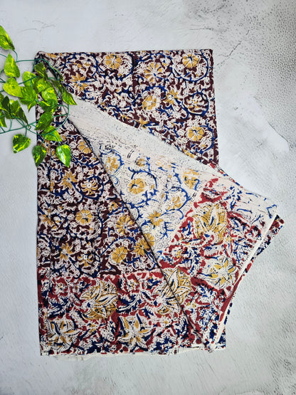 Maroon & Mustard Floral Kalamkari-Print Linen Cotton Saree