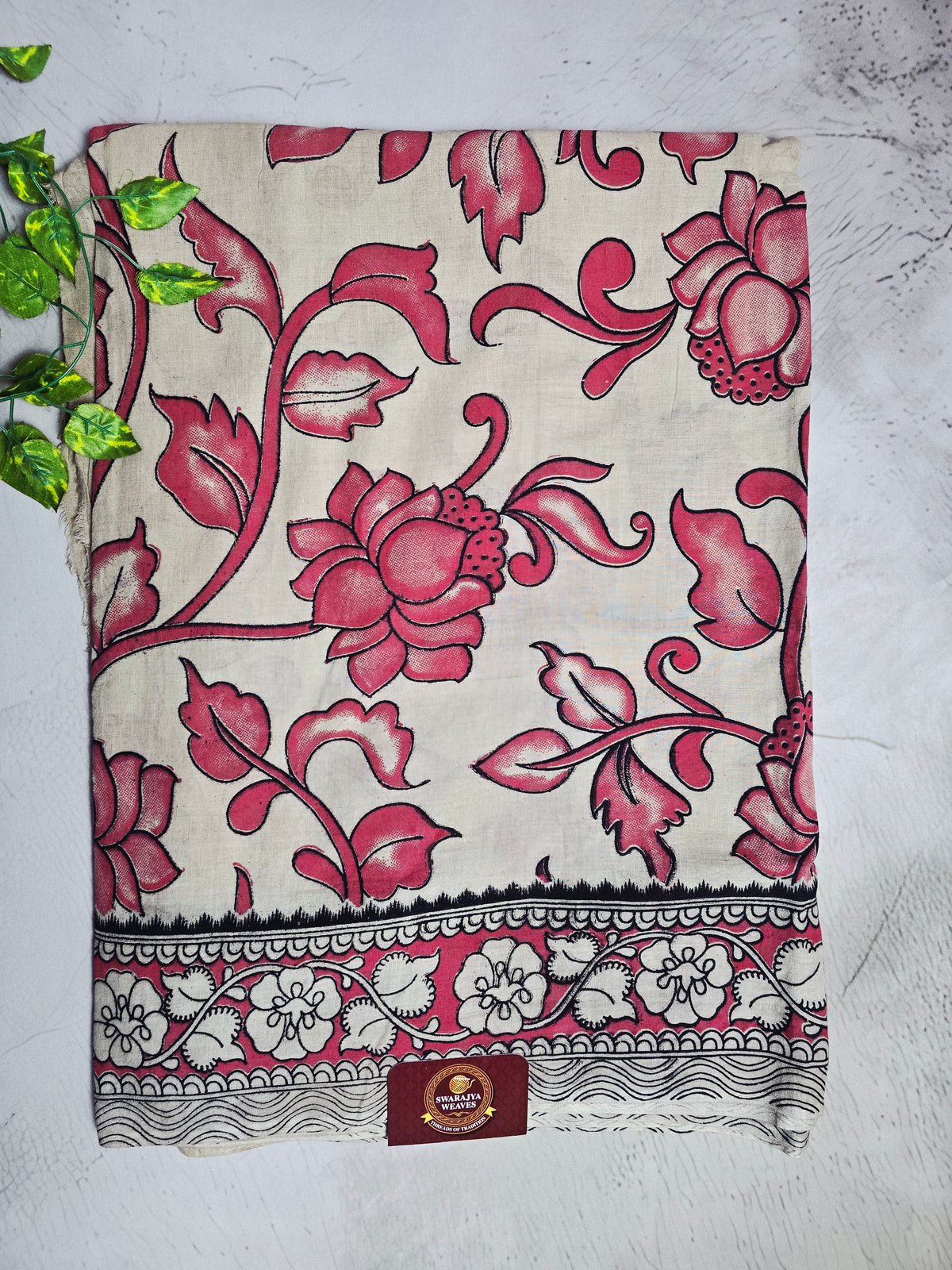 Cream & Pink Floral Kalamkari  Cotton Saree