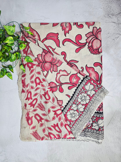 Cream & Pink Floral Kalamkari  Cotton Saree