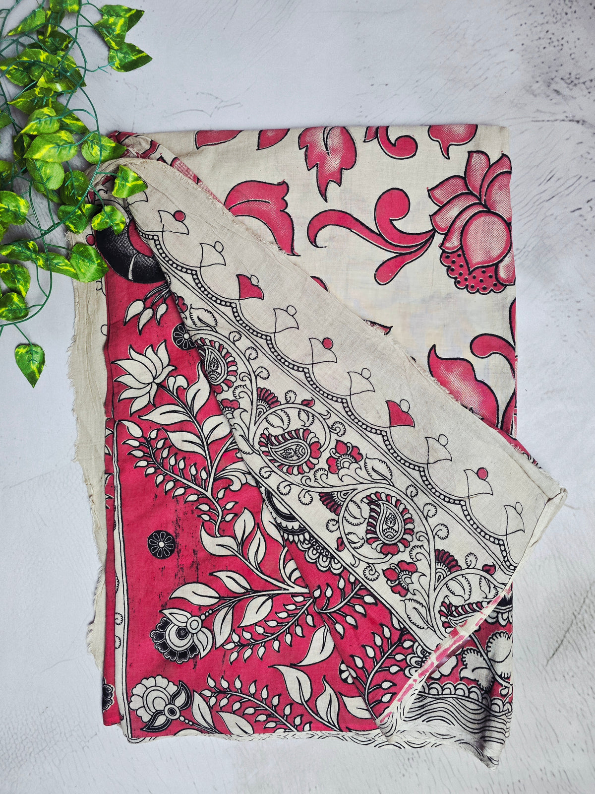 Cream & Pink Floral Kalamkari  Cotton Saree