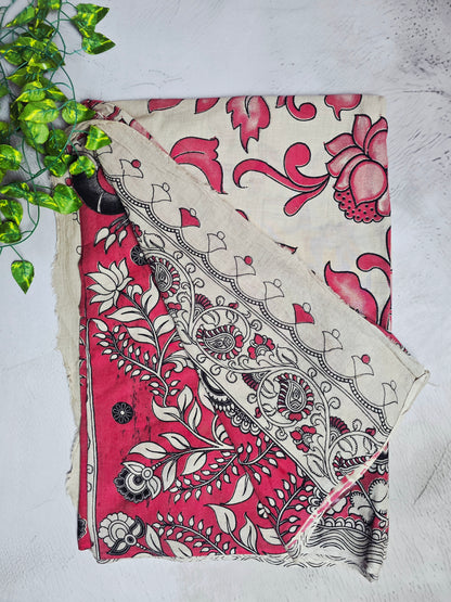 Cream & Pink Floral Kalamkari  Cotton Saree
