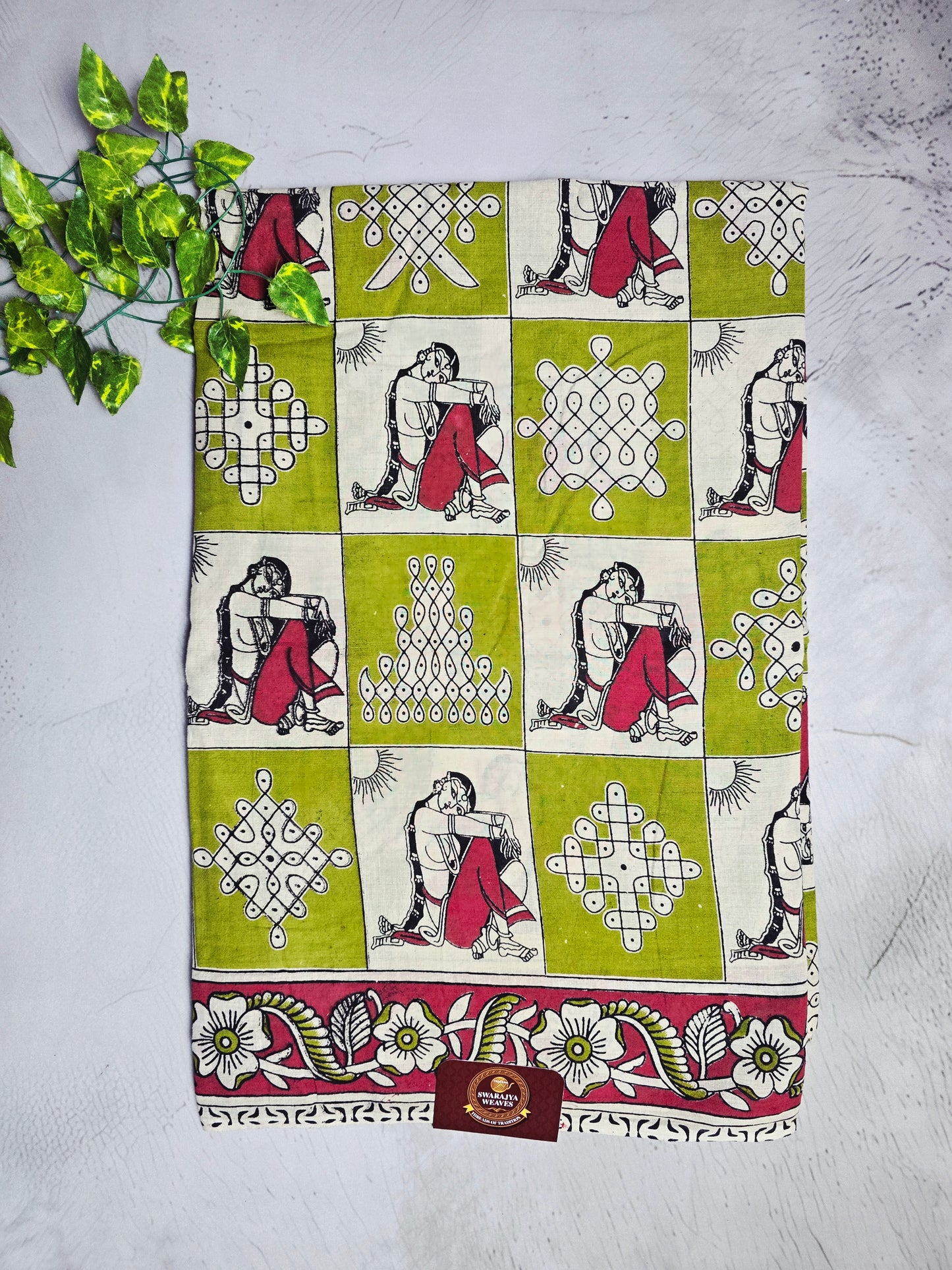 Olive Green & Pink Kalamkari Printed Linen Cotton Saree