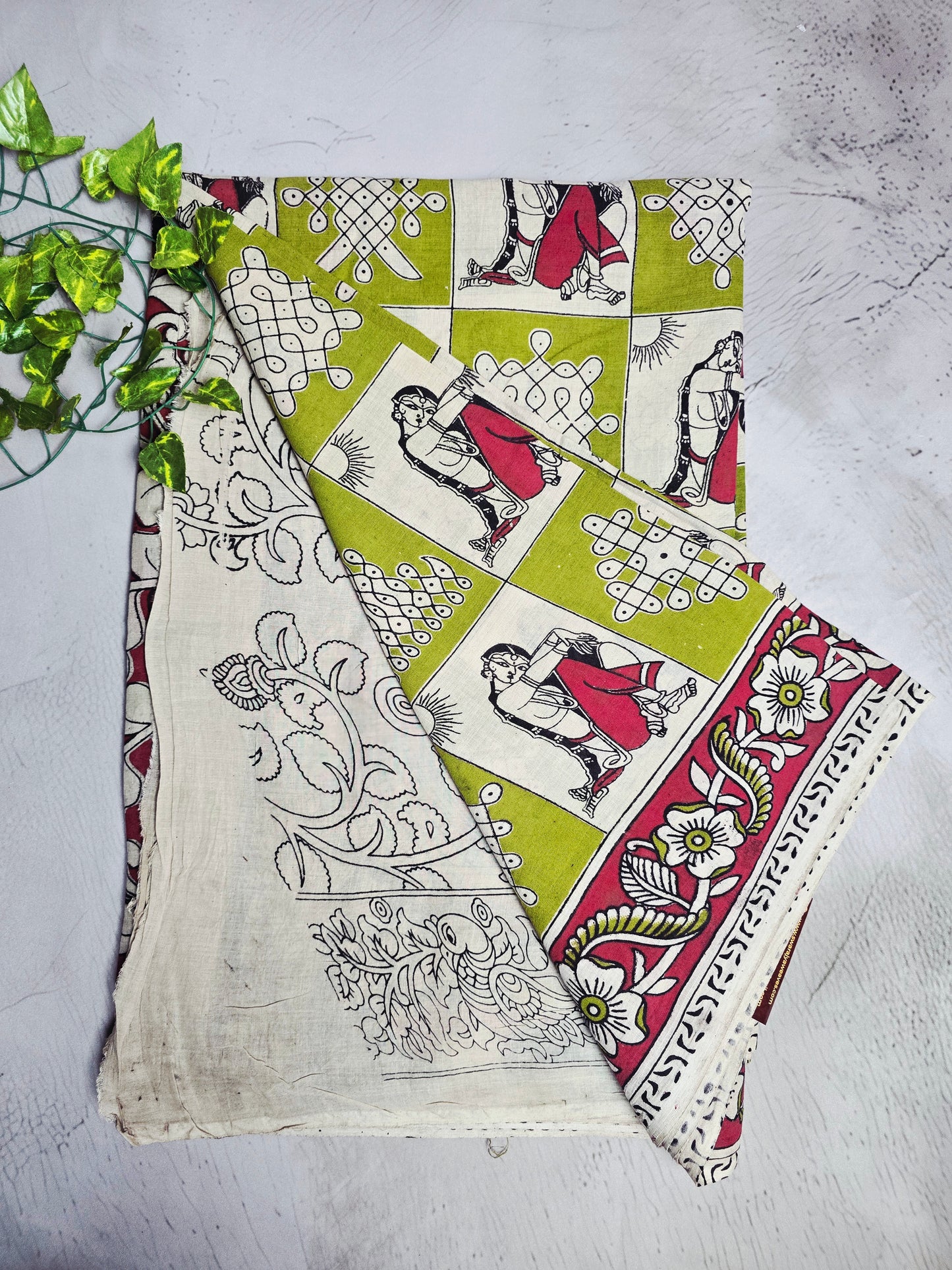 Olive Green & Pink Kalamkari Printed Linen Cotton Saree