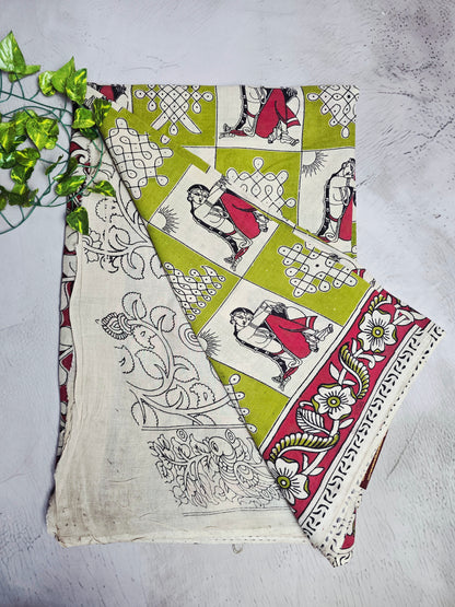 Olive Green & Pink Kalamkari Printed Linen Cotton Saree