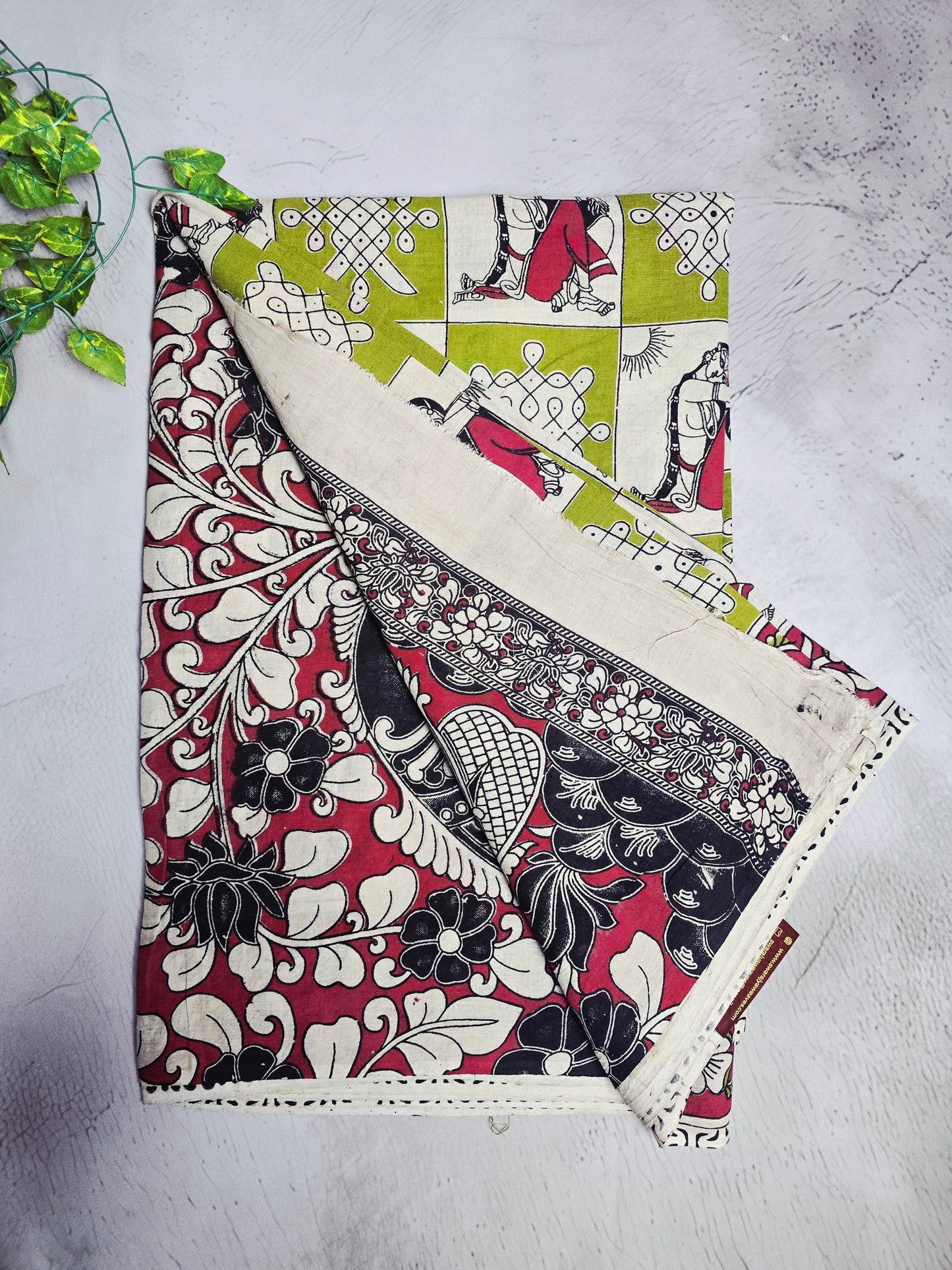 Olive Green & Pink Kalamkari Printed Linen Cotton Saree