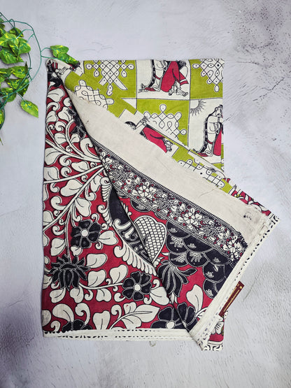 Olive Green & Pink Kalamkari Printed Linen Cotton Saree