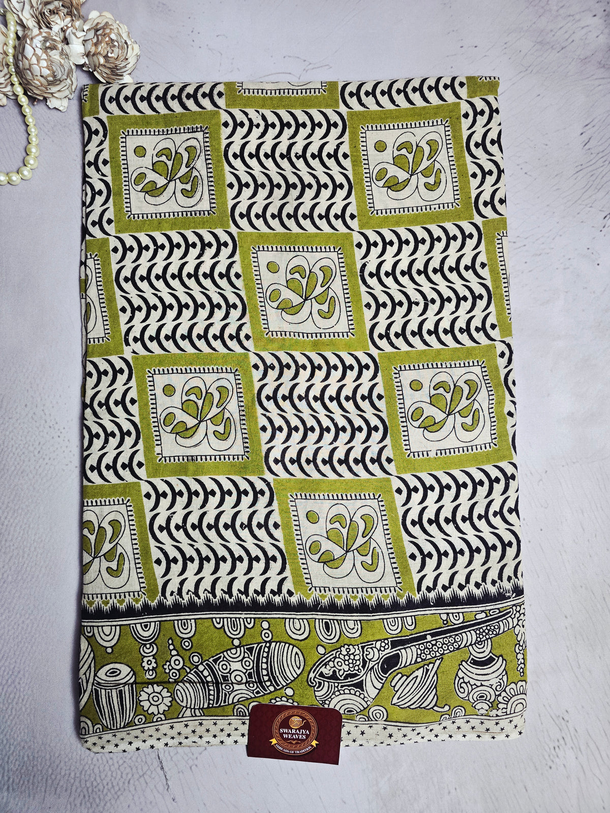 Olive Green & Black Kalamkari Printed Cotton Saree