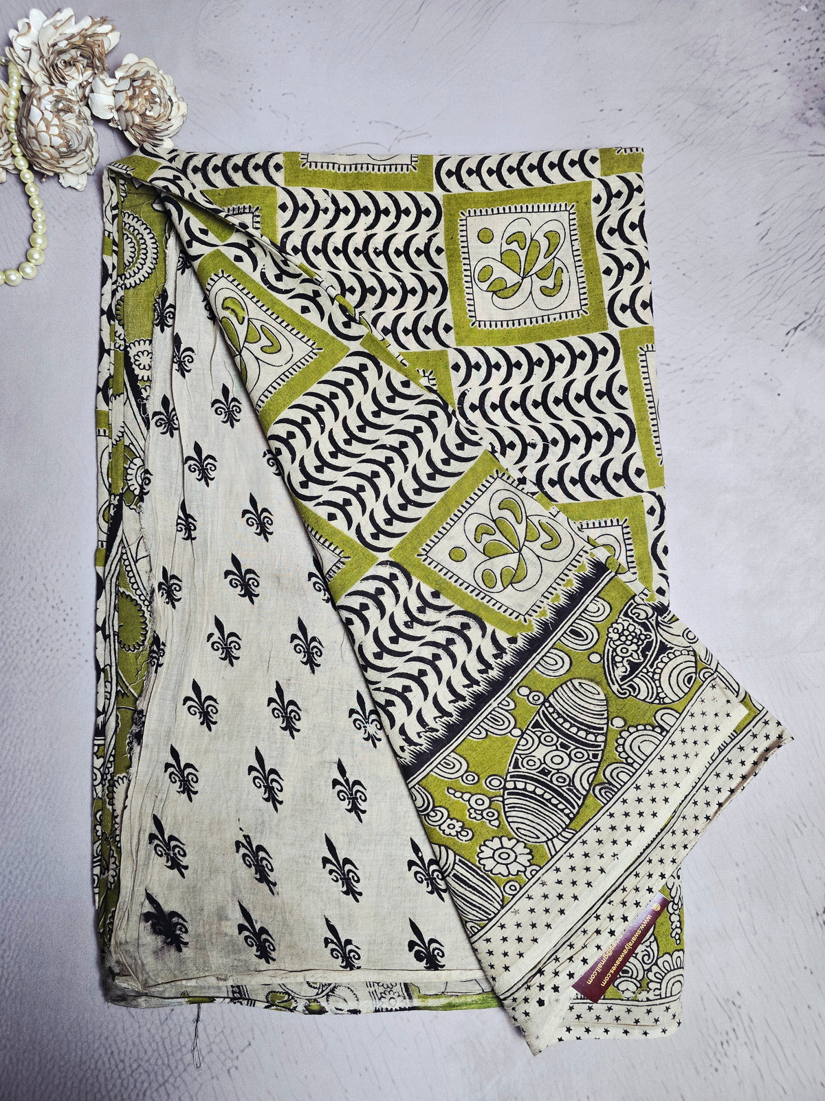 Olive Green & Black Kalamkari Printed Cotton Saree